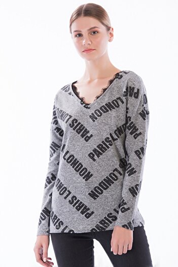 Cotton Mood 83610011 Yumoş Lace Collar Paris Printed Long Sleeve Tunic Gray