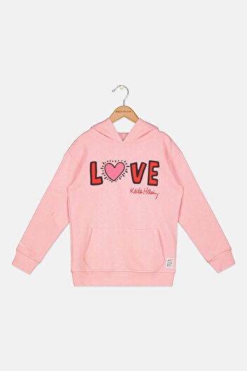 Keith Haring Kids Girl Graphic Printed Hooded Sweatshirt, Pink Combo