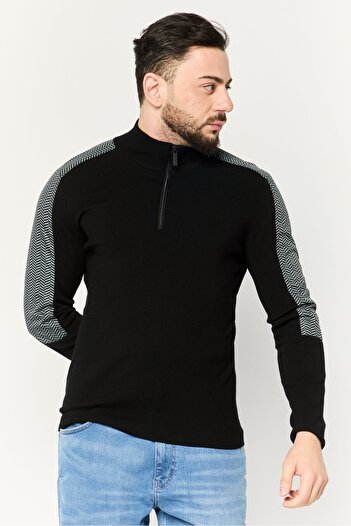 Perry Ellis Men Mock Neck Chevron Detail Quarter Zip Sweater, Black