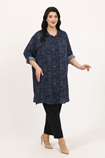 By Alba Collection Women's Navy Blue Patterned Cotton Viscose Large Size Tunic