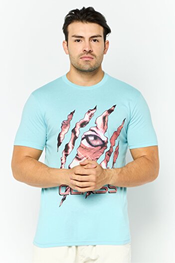 Cavalli Class Men Round Neck Short Sleeve Graphic Print T-Shirt, Light Blue