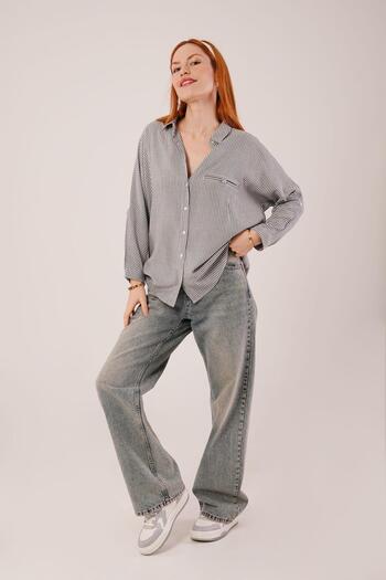 fh fashionhere Pocket Detail Striped Oversize Gray Shirt