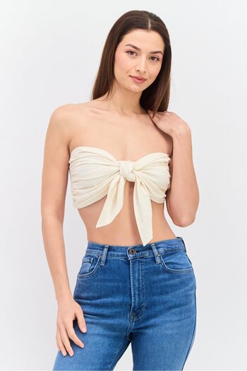 Missguided Women Tie Front Strapless Plain Tube Top, Cream