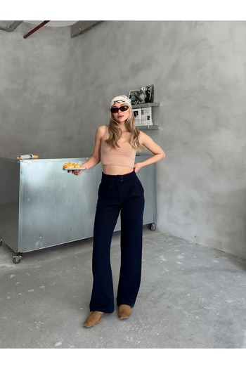 AFROGİYİM High Waist Buttoned Wide Leg Fabric Trousers