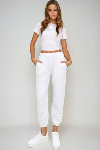 VAGGON Women's White Double Pocket Jogging Textured Trousers with Elastic Waist and Legs Vgn-X10877