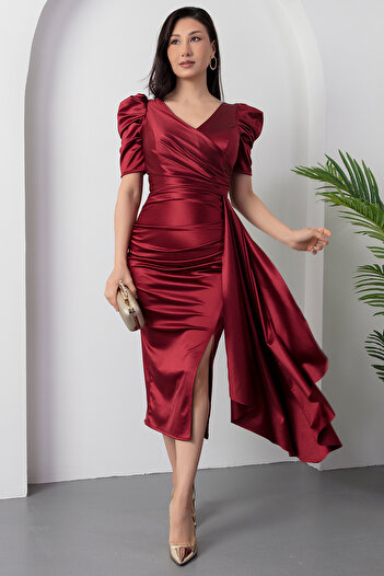 PULLIMM Double Breasted Collar Princess Sleeve Satin Evening Dress 39673