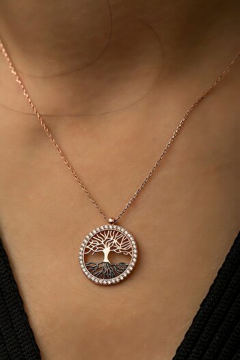 Papatya Silver Kadın Hayat Ağacı Nano Zirkon Taşlı Rose 925 Ayar Gümüş Kolye  Uvps100520