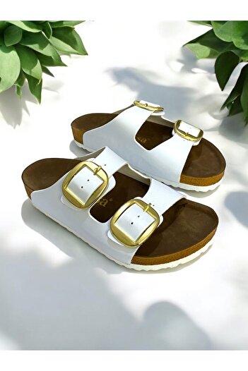 Dilesa White Women's Gold Buckle Orthopedic Sole Slippers Double Banded Buckle Daily Comfortable Home & Outdoor Slippers
