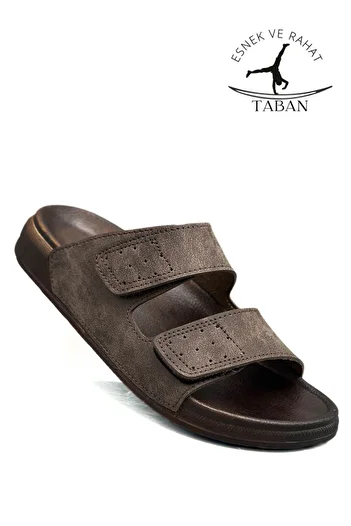 Moda Anna Double Buckle Adjustable Width Flexible Comfortable Leather Men's Slippers 25103 C Brown