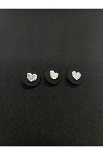 BEİLYS COSMETİCS & ACCESSORY Black with Silver Heart Button 3 Pcs Special Design Button 2.3cm(Bd11)