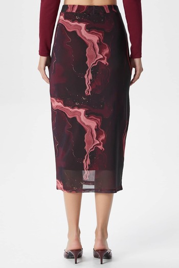 Ritnice Women's Dania Lined Elastic Waist Chiffon Burgundy Midi Pencil Skirt