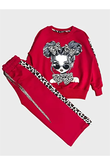 ALİŞ KİDS Girl's Cotton Red Leopard Glasses Girl's Patterned Long Sleeve Loose Wide Leg Tracksuit Set