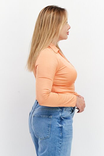New Look Women Keyhole Long Sleeves Plain Cropped Top, Orange