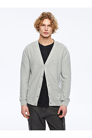 LC Waikiki Gray Standard Mold V-Neck Men's Knitwear Cardigan