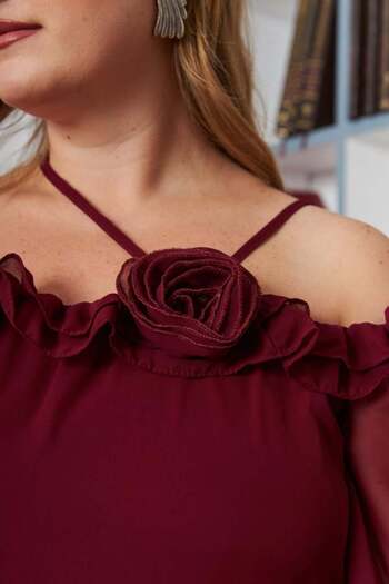 RMG Burgundy Chiffon Dress - Collar, Large Size, Rose Detail and Fırsır