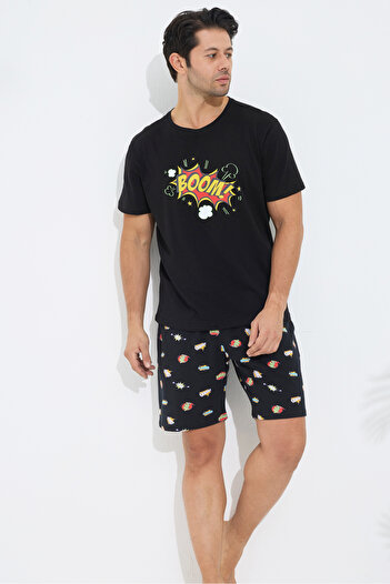 Siyah İnci Black Patterned Cotton Crew Neck Printed Knitted Shorts Set