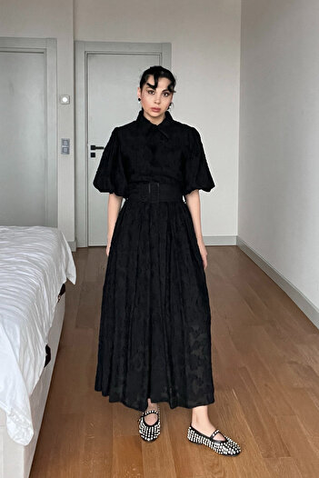 Seda Yalçın Atelier Black Venil Balloon Sleeve Belted Flared Dress
