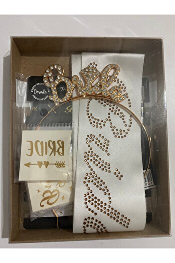 Dorado Bride Temalı Gold Taşlı Metal Taç,Kuşak,Dövme ve Bileklik Seti Kutulu