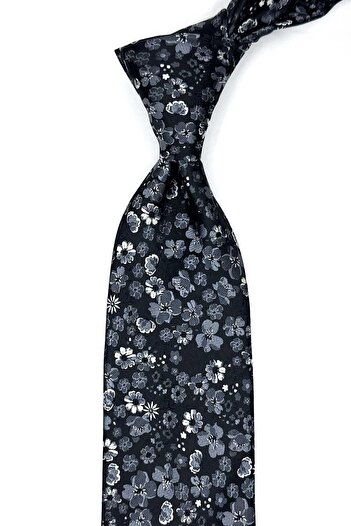 Kravatkolik Black Flower Pattern Classic Tie with Handkerchief Kk13131