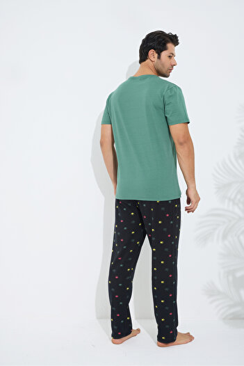 Siyah İnci yeşil desenli Pamuklu Bisiklet Yaka Kısa Kollu Örme Pijama Takım
