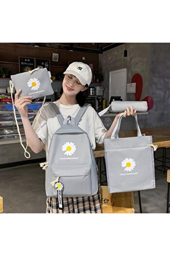 fulina 4-piece Daisy School Bag Set,Cute Anime Flower Pendant Canvas Bag,for Teens Girls,Light Grey