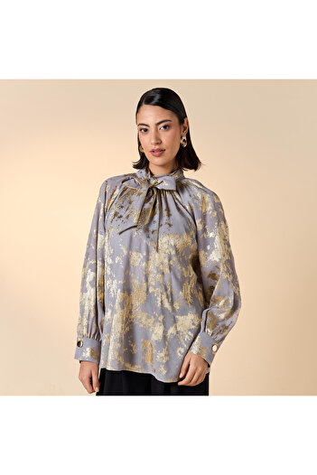 Iconic Iconic Foil Print Top with Long Sleeves and Bow Tie Detail