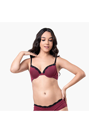 Aadaraya Aadaraya Lace Detail Plunge Bra with Hook and Eye Closure