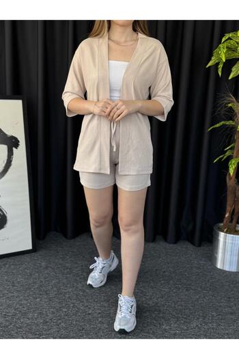 Altamira Women's Beige Wrap Kimono Shorts Bottom Top Set