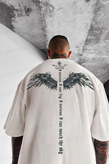 Millionaire Ανδρικό εκρού λευκό I Can Fly Oversize Fit Loose Wide Fit Loose Cut T-shirt