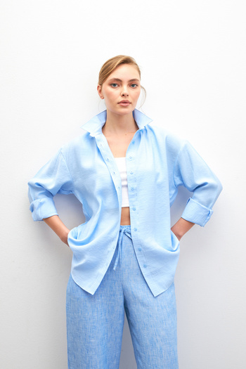 Bipantolon Women's Baby Blue Soft Textured Oversize Modal Long Sleeve Shirt