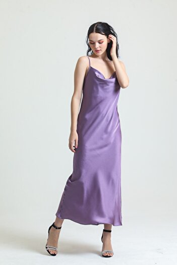 Magic Form 9790 Women's Lilac Lace Collar Crepe Satin Long Nightgown