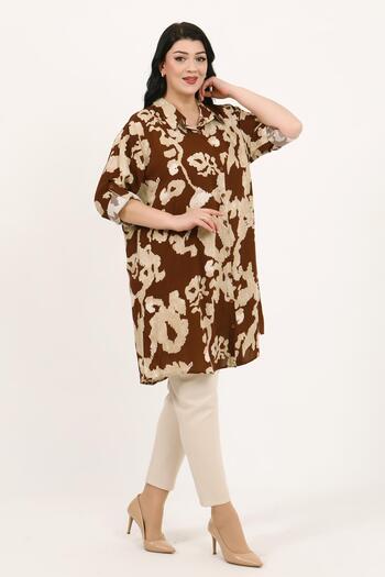 By Alba Collection Women's Tan Color Patterned Cotton Viscose Large Size Tunic