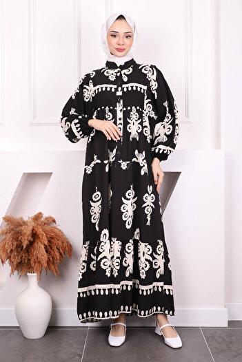 İmajButik Φόρεμα Viscon με μαύρο σχέδιο με μισό κουμπί