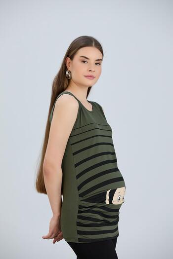 Işşıl IŞIL 4542-Maternity T-Shirt Strappy Sleeve Striped Facing Baby