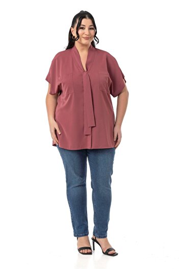 DISENTIS MODEST Large Size Collar Tie-Up Detail Low Half Sleeve Dusty Rose Blouse