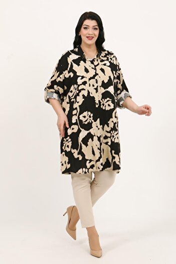 By Alba Collection Women's Brown Patterned Cotton Viscose Large Size Tunic