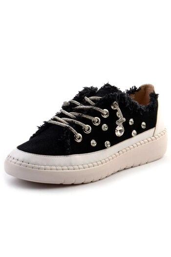 Erkan Saçmacı Valentina Black Denim Crystal Stone Silver Lace-Up Sneaker