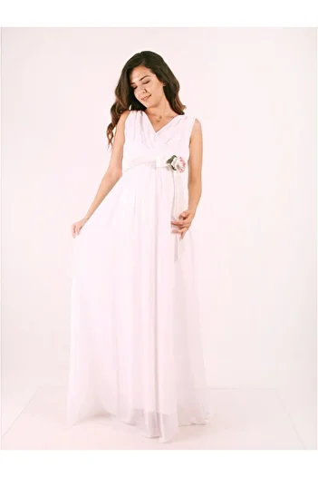 Işşıl 2604-Double-Breasted Collar Baby Shower Flower Brooch Chiffon Maternity Dress