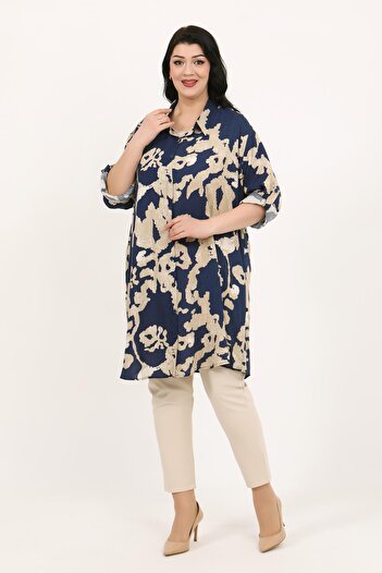 By Alba Collection تونيك نسائي من القطن الفسكوزي منقوش باللون الأزرق الداكن مقاس كبير