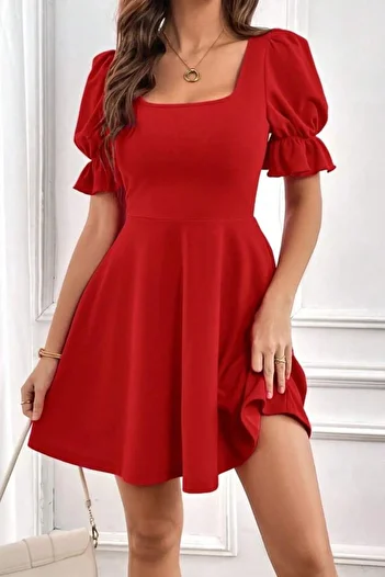Mossta Short Sleeve Square Neck Flared Dress Red