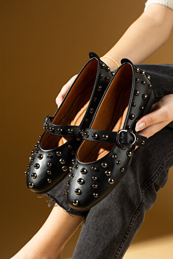 Pembe Potin Women's Ballerinas Black Studded Strap Lightweight Comfortable Sole Stylish Casual Shoes