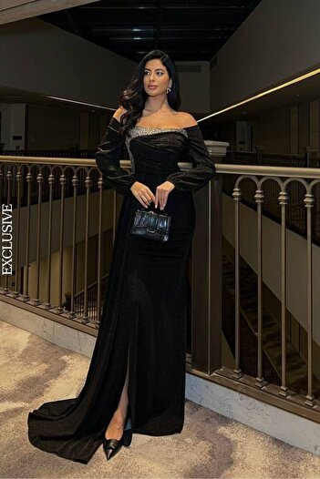 Mossta Smile Stone Black Dress Long Evening Dress