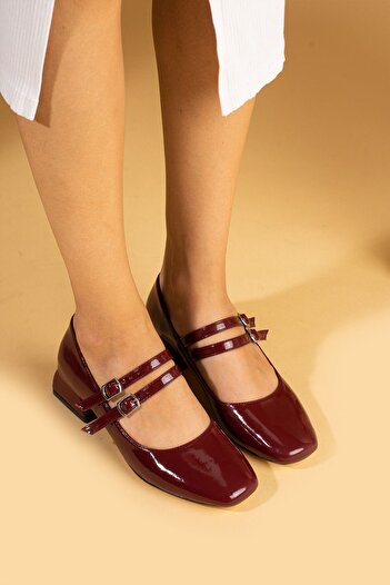 Pembe Potin Mary Jane Claret Red Patent Leather - Square Toe Double Helmet Women's Heeled Shoes