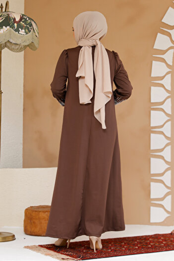 Neva Style Χάντρες Κεντημένο Καφέ Φόρεμα Hijab 23815KH