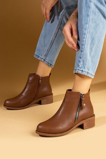 Pembe Potin Tan Colored Women's Shoes - Poly Sole, Zippered Buckle, Daily Comfortable Fit, Warm Lined Inside