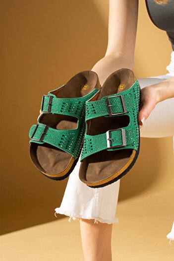 Pembe Potin Women's Green Double Buckle Studded Anatomical Comfortable Sole Women's Slippers Sandals