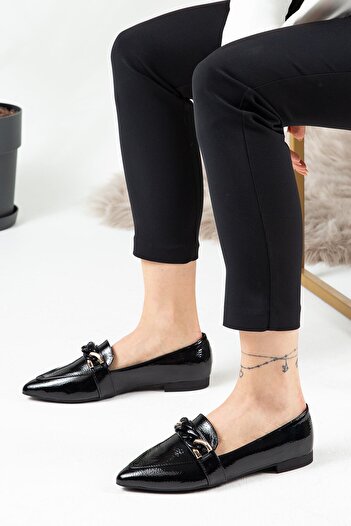 Deery Patent Leather Black Buckle Detailed Women's Ballerinas