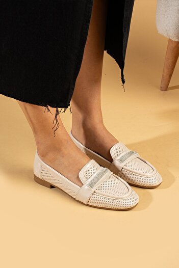 Pembe Potin Women's Ballerinas Beige Stone Buckle Lightweight Comfortable Sole Stylish Casual Shoes