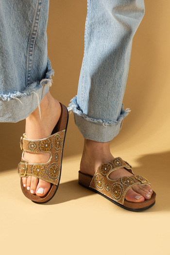Pembe Potin Women's Copper Double Buckle Stone Anatomical Comfortable Sole Slippers