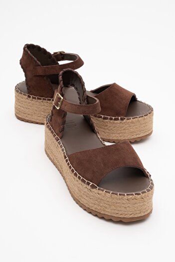 LuviShoes Serez Brown Suede Genuine Leather Women's Straw Wedge Sandals